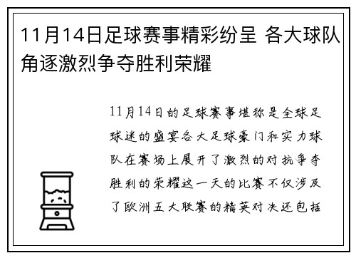 11月14日足球赛事精彩纷呈 各大球队角逐激烈争夺胜利荣耀