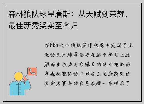 森林狼队球星唐斯：从天赋到荣耀，最佳新秀奖实至名归