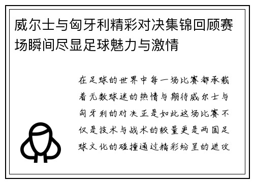 威尔士与匈牙利精彩对决集锦回顾赛场瞬间尽显足球魅力与激情