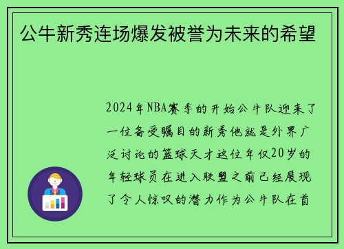公牛新秀连场爆发被誉为未来的希望