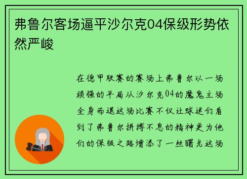 弗鲁尔客场逼平沙尔克04保级形势依然严峻